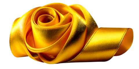 A yellow satin ribbon slightly curled and reflective, tied loosely, isolated on transparent background --ar 2:1 --v 7.0 --p 537mr6h --s 250