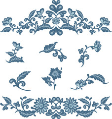 Vector floral blue ornaments in traditional Chinese Style. Exquisite romantic arabesque designs for page decorations, headers, wedding decors, invitations, greeting cards, embroidery, textile.