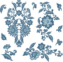 Vector floral blue ornaments in traditional Chinese Style. Exquisite romantic arabesque designs for page decorations, headers, wedding decors, invitations, greeting cards, embroidery, textile.
