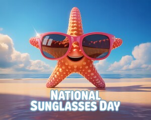 Fun starfish wearing sunglasses celebrates National Sunglasses Day. A cheerful cartoon starfish wearing pink sunglasses stands on a sandy beach, overlooking the ocean.