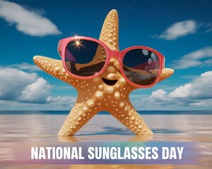 Fun starfish wearing sunglasses celebrates National Sunglasses Day. A cheerful cartoon starfish wearing pink sunglasses stands on a sandy beach, overlooking the ocean.