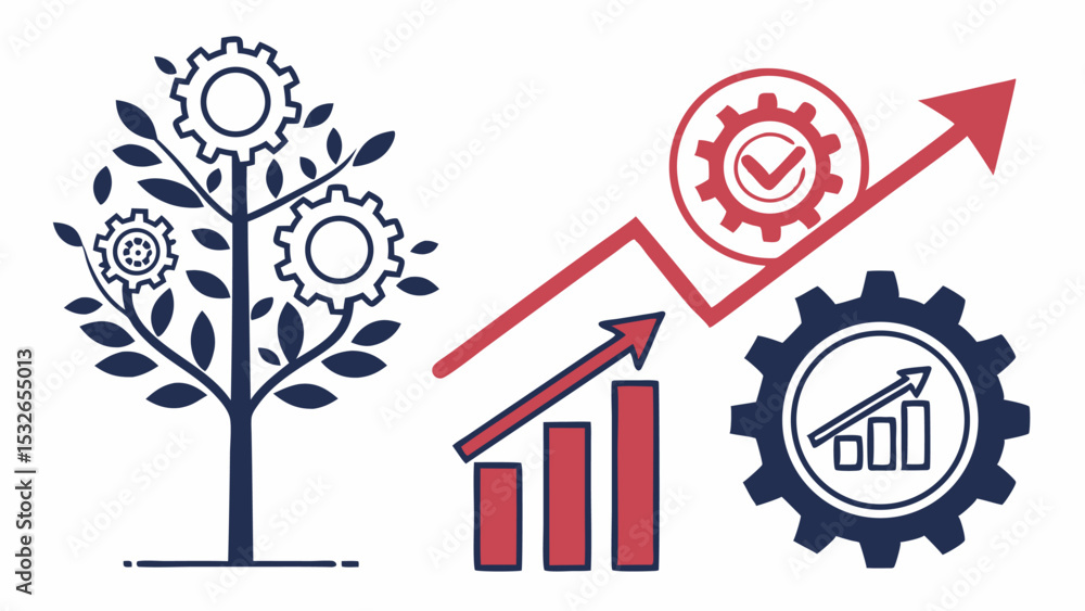 Poster illustration showing a gear tree, a bar graph with an arrow, and a gear with an arrow and checkmark 