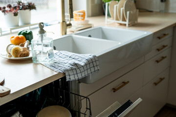 Open dishwasher with various plates. Bright kitchen interior.