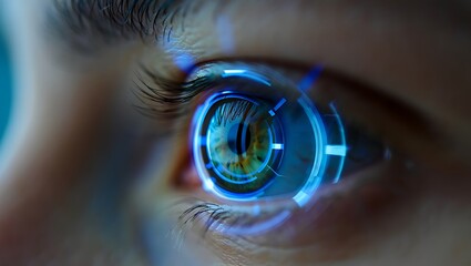 Close up of a human eye with digital futuristic technology overlay and details