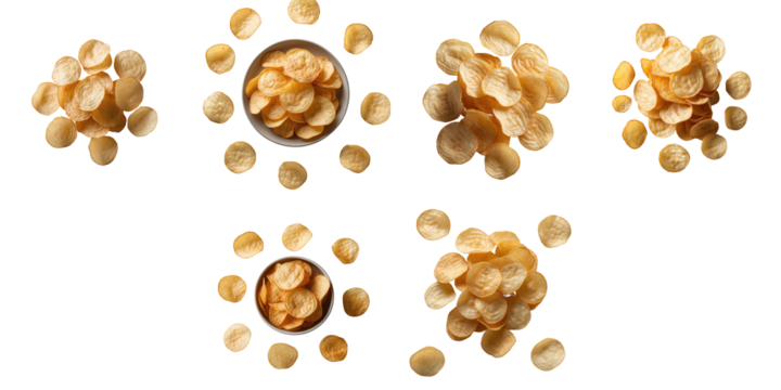 various arrangements of crispy potato chips on transparent background featuring single chips and group clusters in circular and scattered formations