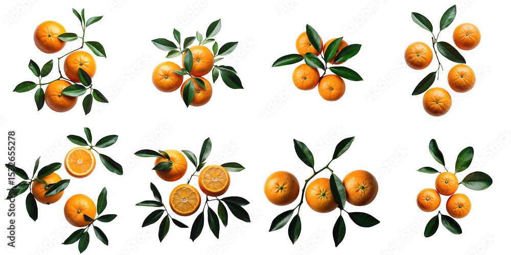 Aufkleber fresh ripe oranges with green leaves arranged in various compositions on a transparent background sh