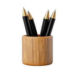 Pen Holder,n A sleek, modern pen holder made of black metal, designed to organize writing instruments on a desk, isolated on transparent background