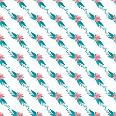 Seamless Pattern with Pink Flowers and Green Leaves on White Background