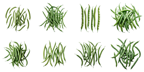 Assorted green bean varieties arranged in a grid on a transparent background featuring different shapes and arrangements showcasing their fresh color and texture