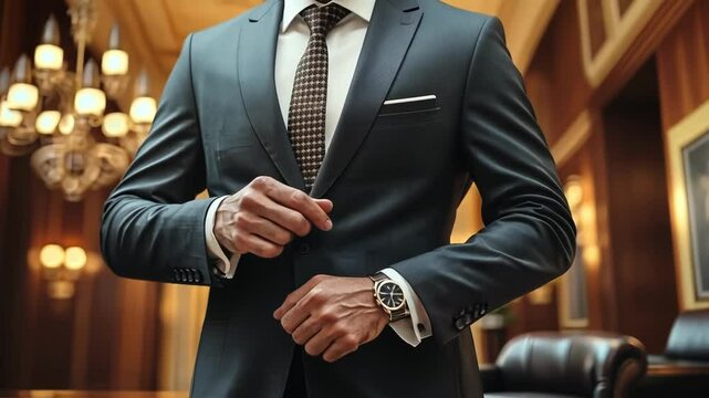 Man in suit adjusts his cufflinks in a luxury hotel lobby