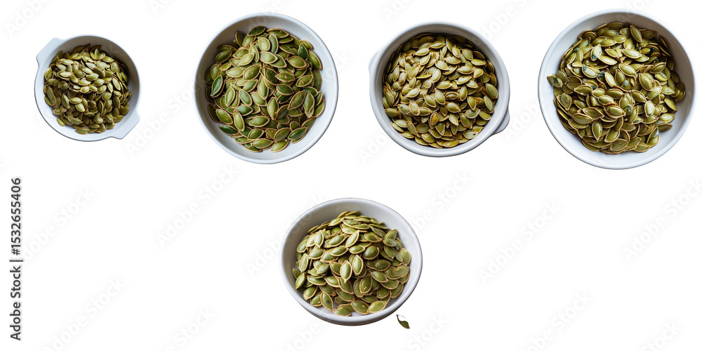 Aufkleber raw pumpkin seeds displayed in various white bowls arranged on a transparent background with a trans
