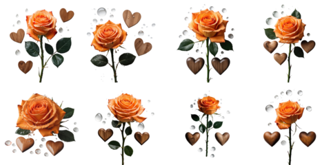 Orange rose adorned with water droplets accompanied by two wooden hearts on a transparent background featuring multiple arrangements and perspectives.