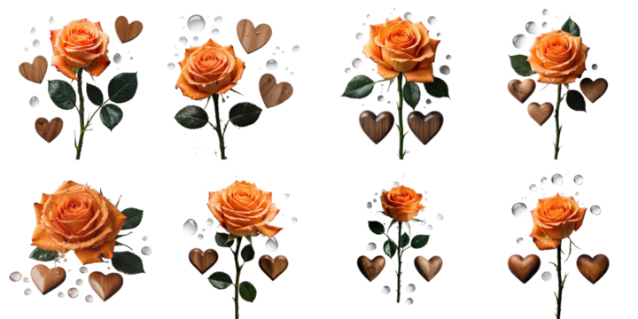 Orange rose adorned with water droplets accompanied by two wooden hearts on a transparent background featuring multiple arrangements and perspectives.