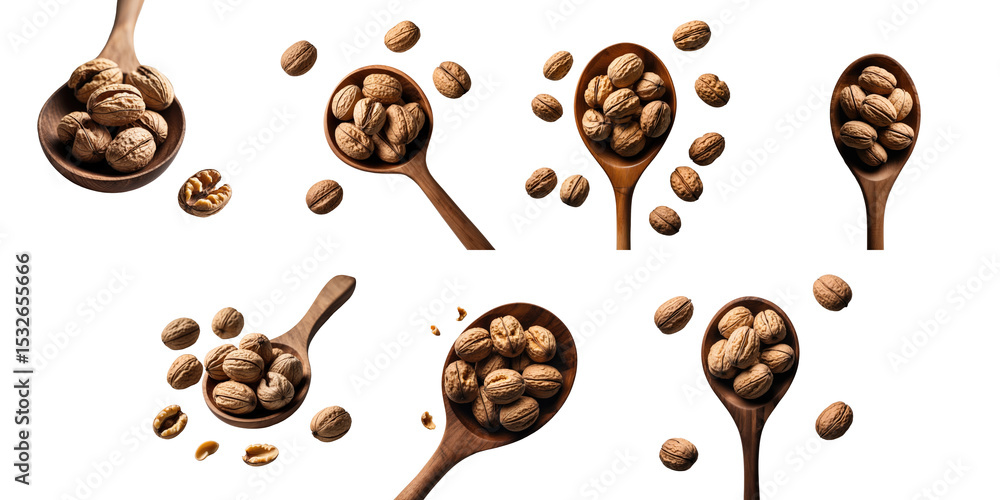 Poster various wooden spoons filled with whole walnuts and scattered walnut halves on a transparent backgro