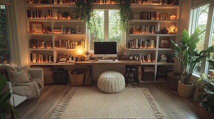 Cozy farmhouse-style home office with floor-to-ceiling bookshelf, warm lighting, and neutral boho decor 