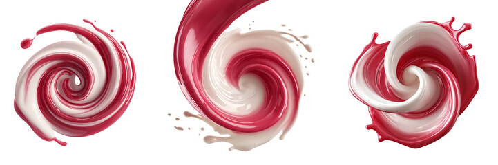 Strawberry milk mixed with white milk in circular form on a transparent background