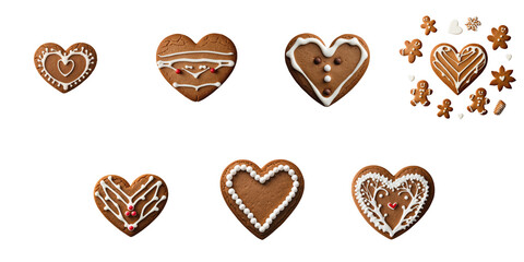 Collection of heart shaped gingerbread cookies decorated with icing and candies arranged on a transparent background in various designs and patterns