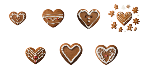 Collection of heart shaped gingerbread cookies decorated with icing and candies arranged on a transparent background in various designs and patterns