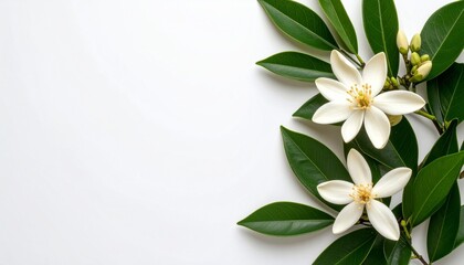 Fototapeta premium Fresh Green Leaves with Fragrant Flowers on White Background