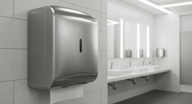 Modern stainless steel hand dryer in a restroom