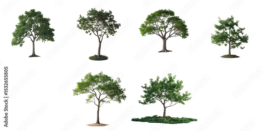 Poster collection of six realistic tree illustrations with various foliage and shapes isolated on a transpa