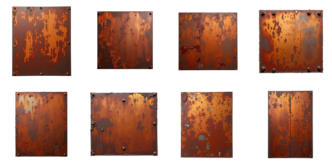 Collection of isolated rusted steel textures featuring various degrees of corrosion, scratches, and imperfections against a transparent background.