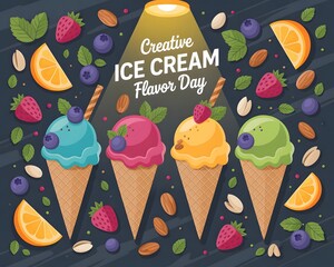 This vibrant illustration depicts three ice cream cones with different flavors and toppings. Colorful ice cream cones celebrating Creative Ice Cream Flavor Day.