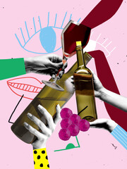 Contemporary art collage. Hands holding bottles and glasses with red wine and grapes over drawn eye...