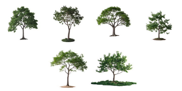Collection of six realistic tree illustrations with various foliage and shapes isolated on a transparent background suitable for graphic design and digital editing purposes. - Powered by Adobe