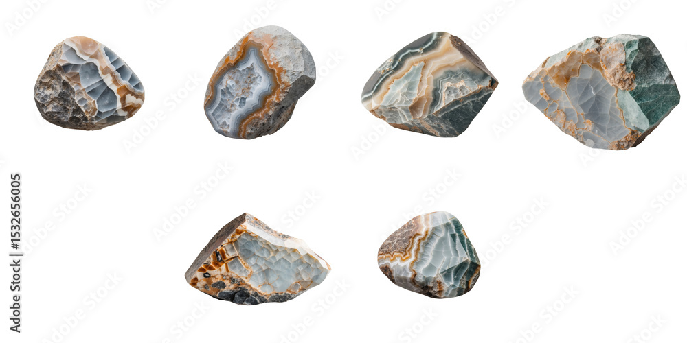 Poster macro close-up of various polished jasper mineral stones displaying unique patterns and colors, isol