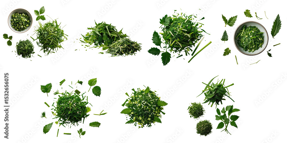 Poster chopped green perilla shiso leaves isolated on transparent background various herbs arranged in diff