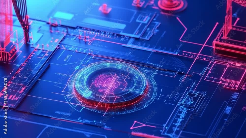 Poster complex circuit board design with integrated technology and neon glow patterns