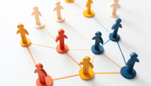 Wooden human figures connected with colored lines, symbolizing social or professional networks and interconnected relationships.