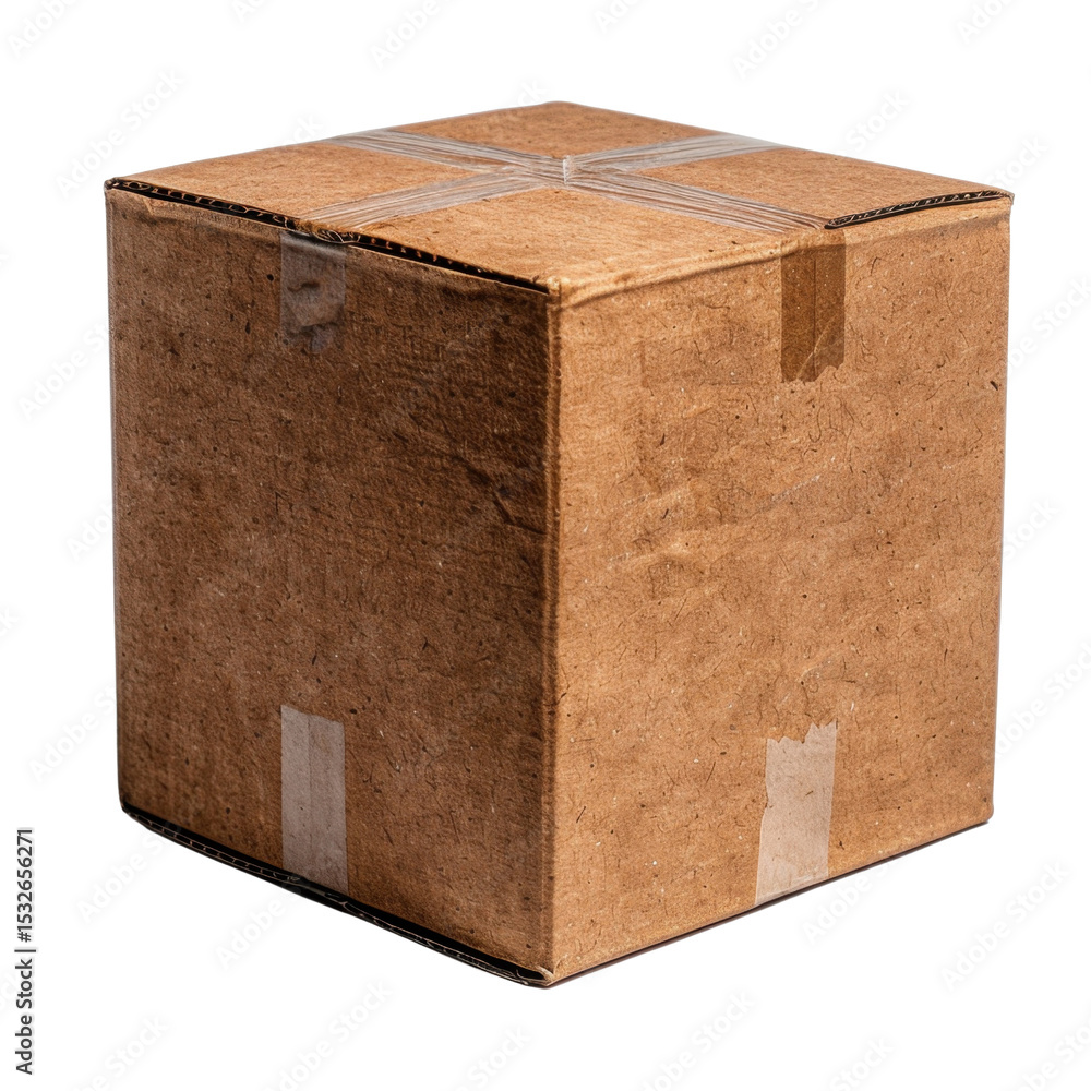 Poster brown cardboard box with tape on edges, commonly used for shipping and storage. this sturdy containe