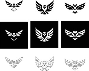 Eagle icon set in flat, outline, and button style, spread wings, high-quality vector for logo.