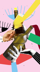 Surreal art collage. Hands lift multiple wine bottles and glasses in expressive pose against...