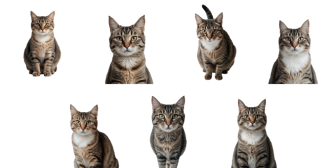 Collection of street cats isolated on a transparent background displaying various poses and expressions, front view arrangement showcasing distinct features and markings.