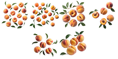 Assorted ripe peaches with green leaves arranged artistically on a transparent background showcasing their natural texture and color variations.