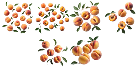 Assorted ripe peaches with green leaves arranged artistically on a transparent background showcasing their natural texture and color variations.