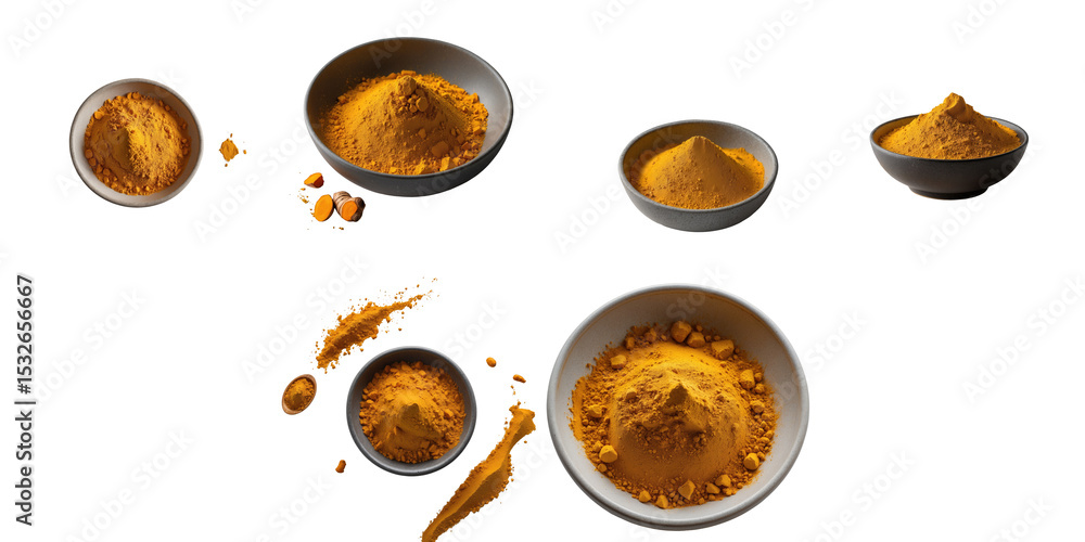 Poster turmeric curcuma powder in various bowls with some scattered around on a transparent background high