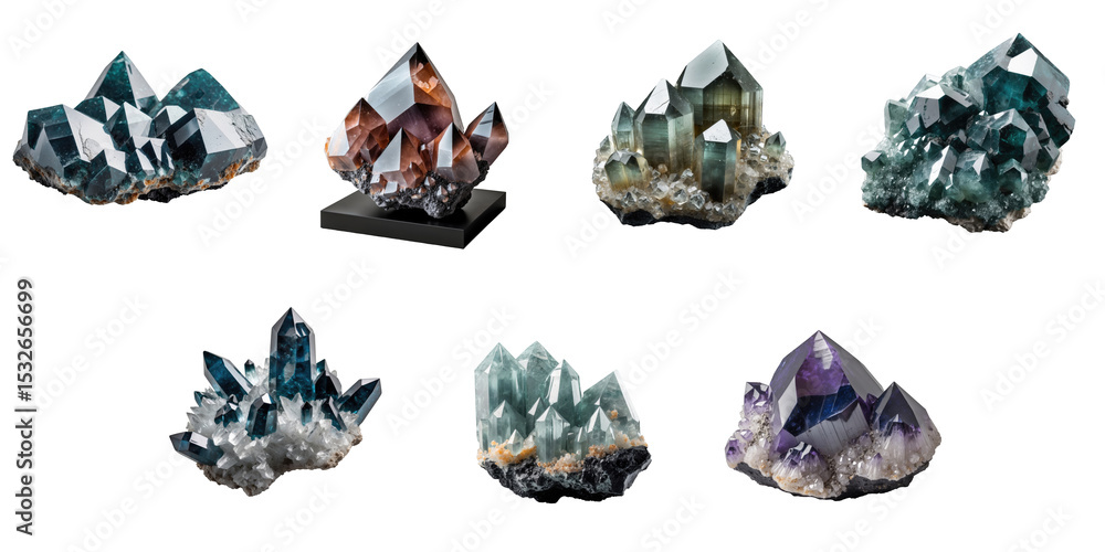 Poster assorted macro photographs of mineral specimens featuring diverse astrophyllite crystals on a transp