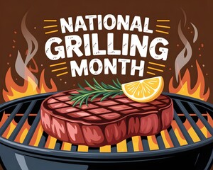 A vibrant graphic design highlights National Grilling Month, featuring a perfectly grilled steak on a charcoal grill with flames and smoke.