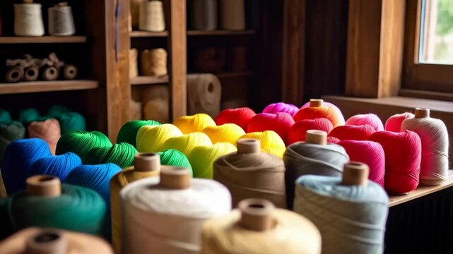 Array of multicolored spools of thread displayed in wooden shelves in a sewing studio or workshop, crafting materials for fabric or needlework projects