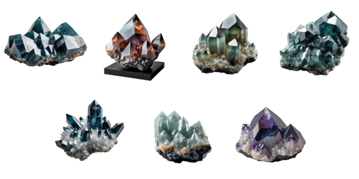 Assorted macro photographs of mineral specimens featuring diverse astrophyllite crystals on a transparent background highlighting various colors and formations arranged in a visually appealing manner