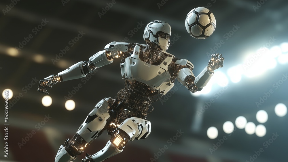 Poster futuristic humanoid soccer robot performing an extraordinary save during a competitive match in a hi