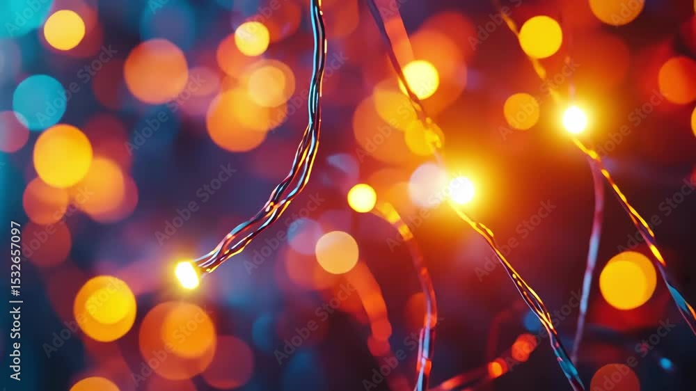 Poster closeup of glowing string lights creating festive bokeh effect, holiday lighting.