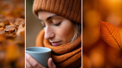 Herbstliche Atmosphäre mit warmem Strickpullover, Kaffeetasse und goldenen Herbstblättern