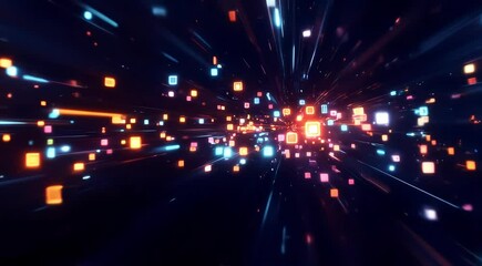 Flickering geometric lights with fast moving square and circular shapes pulsing with bright glowing colors across a dark scene - Powered by Adobe