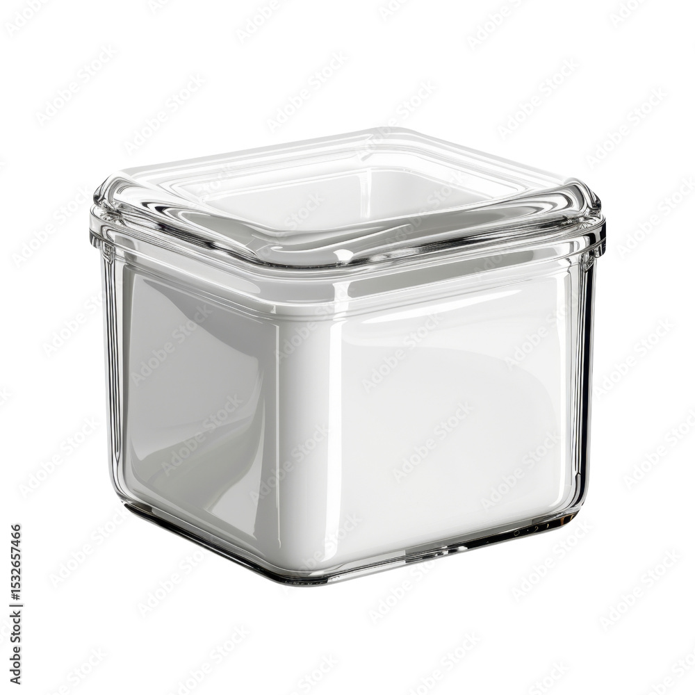 Poster clear glass container with square shape, featuring smooth surface and lid. this versatile jar is per