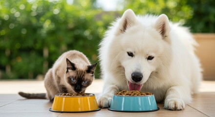 A fluffy white dog and a Siamese cat share a meal outdoors, enjoying their food from separate bowls